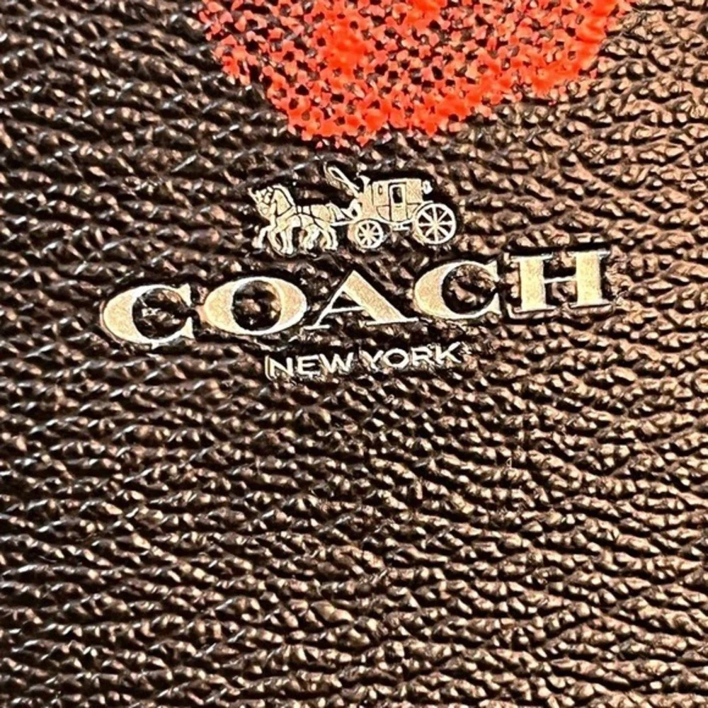 Coach Black Red Poppy Floral‎ Print Crossgrain Leather Small Wristlet Bag